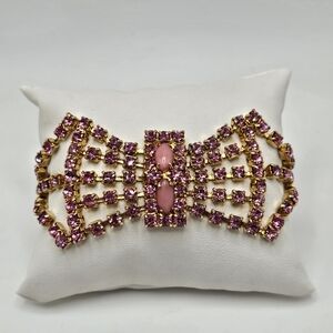 VINTAGE Pink Glass Prong Set Rhinestone Bow Gold Tone Statement Bracelet
